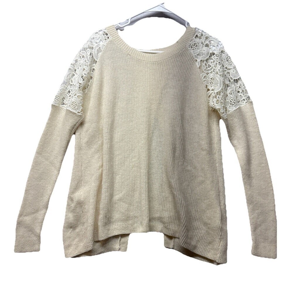Garnet Hill Sweater Sz M Cream Merino Wool Open Back Knit Ribbed Lace Shoulder *